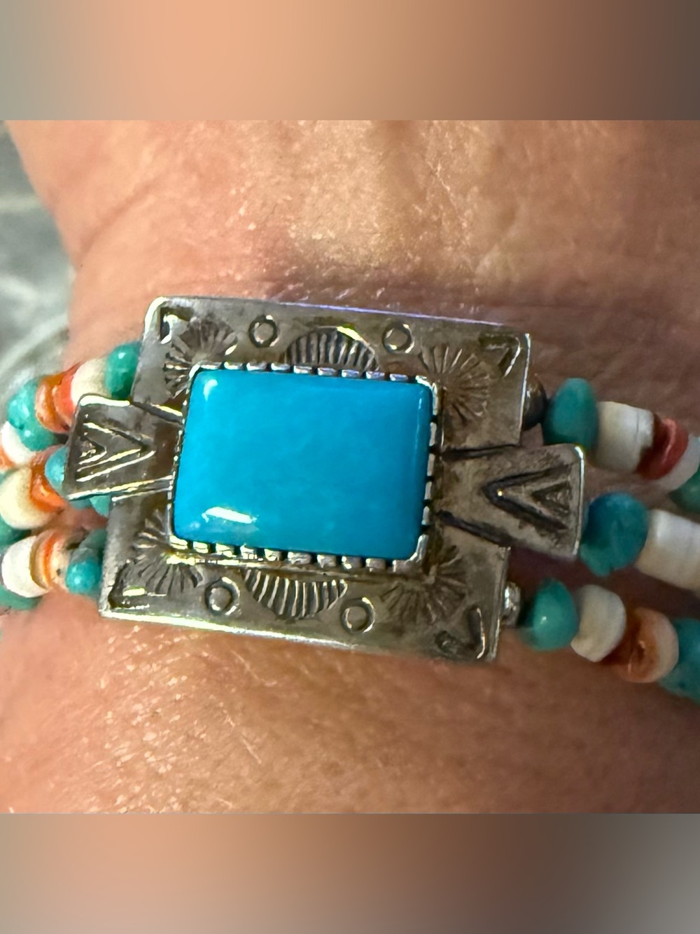 Turquoise Stone Bead Bracelet - Silver Accent